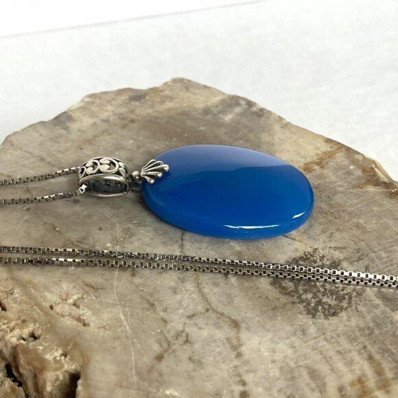 Sterling Silver 925 Oval Blue Chalcedony Quartz Scrollwork Pendant Necklace 20" - Picture 4 of 16